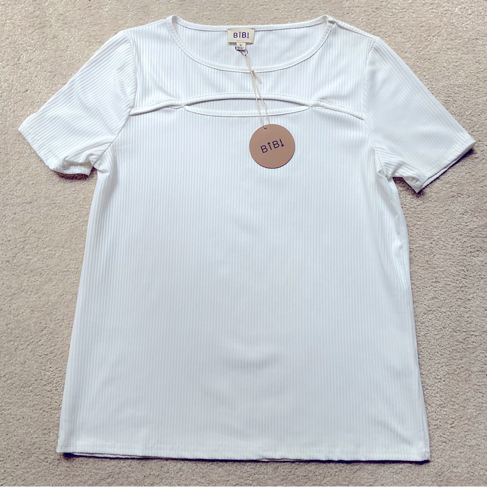 NWT BiBi Short Sleeve White Ribbed Top, Medium